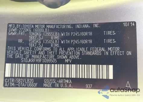 2015 Toyota Highlander Xle V6 z USA, uszkodzony, nr VIN 5TDJKRFH9FS099505